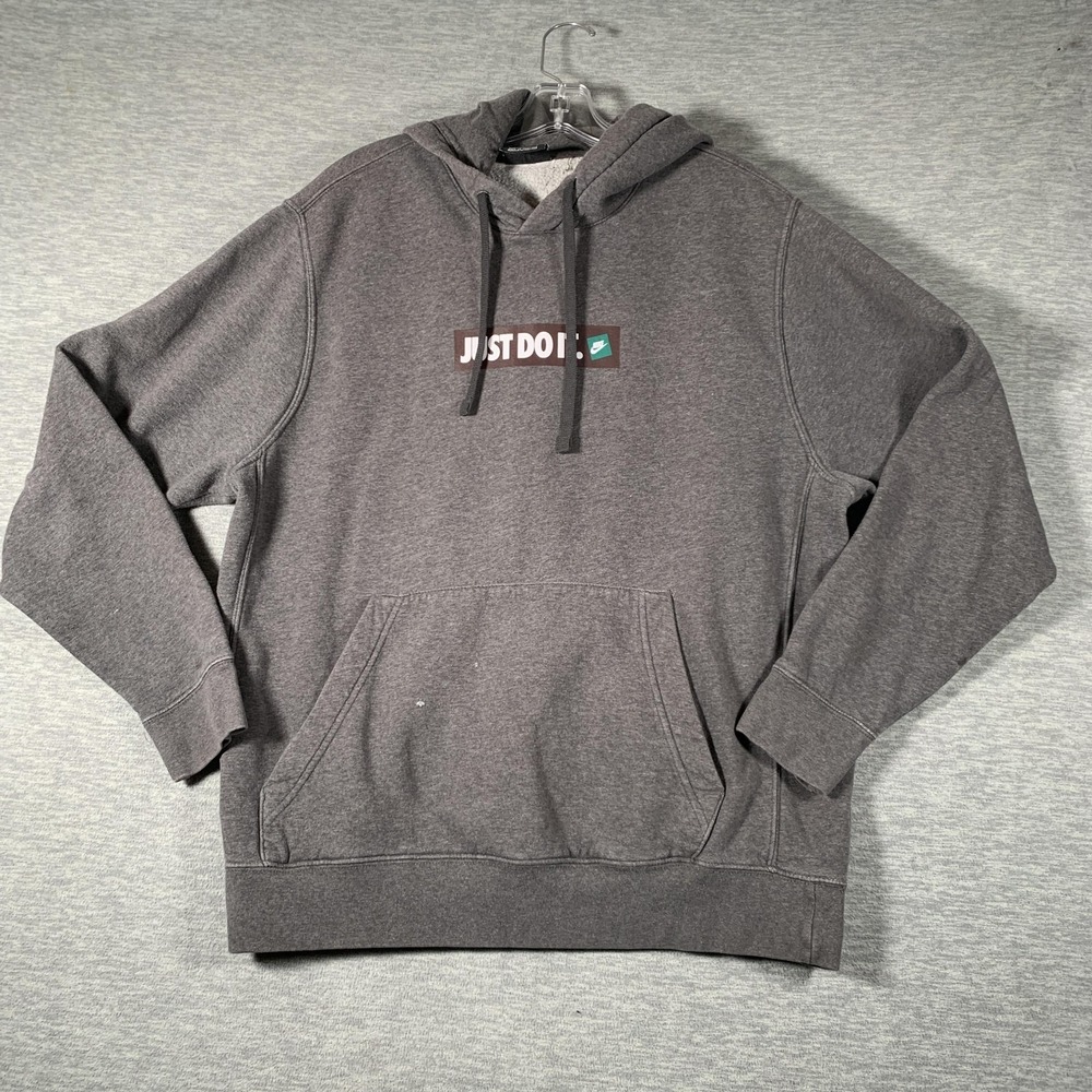 Nike Hoodie Mens Large Gray Just Do It‎ Graphic Fleece Pullover Sweatshirt Logo
